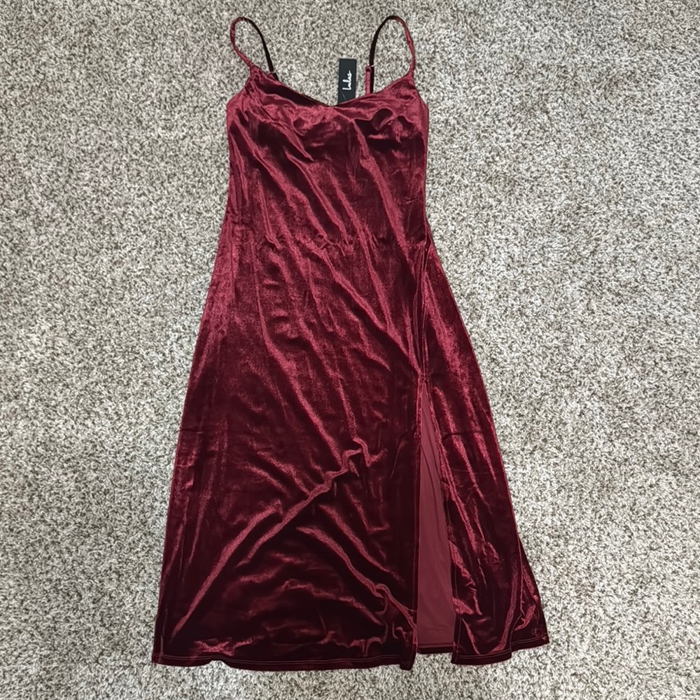 Lulu's Burgundy Velvet Slip Dress with Side Slit